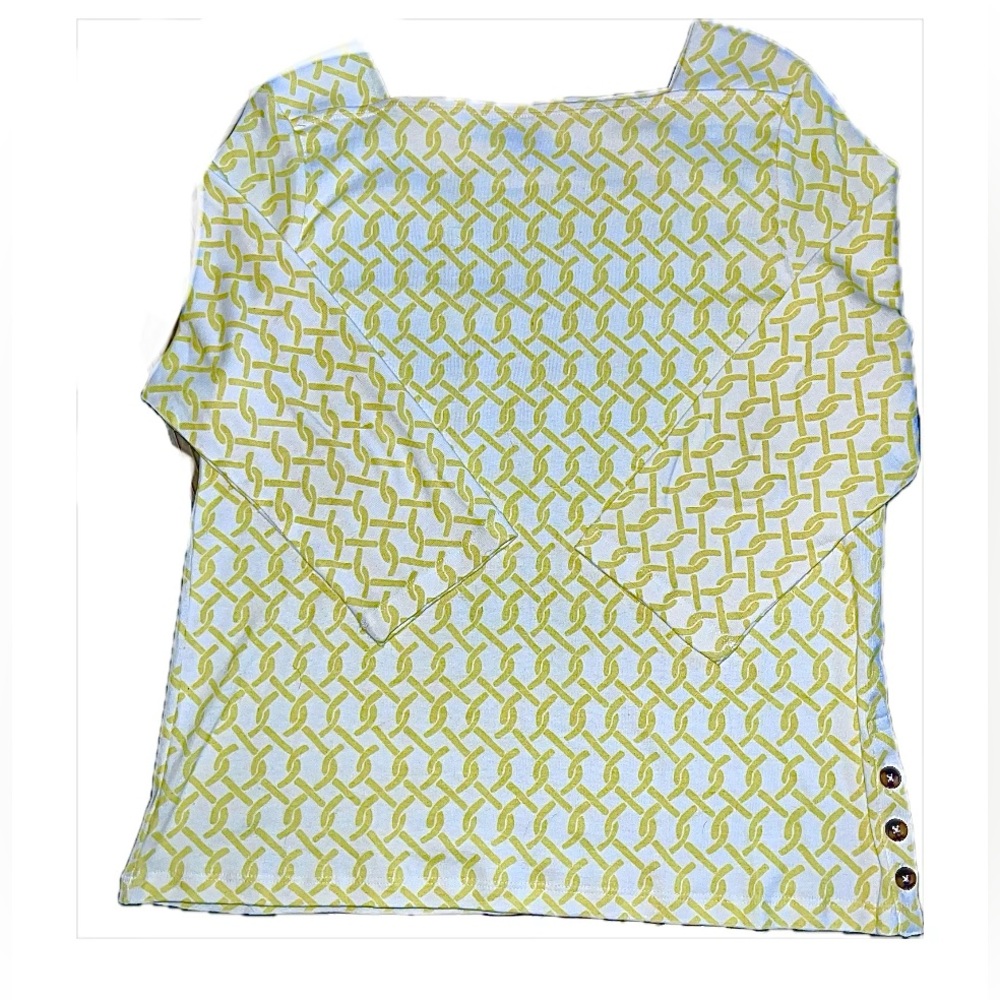 Chico's Boatneck Yellow & White Patterned 3/4 Sleeve Top with Button Accents NEW